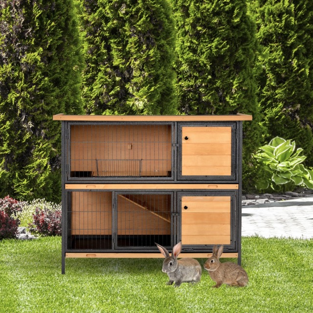 PawHut 2-Floor Wooden Guinea Pigs Hutches Bunny Cage Metal Frame Pet House with Slide-Out Tray Feeding Trough Ramp Lockable Door - Aosom UK - image 1