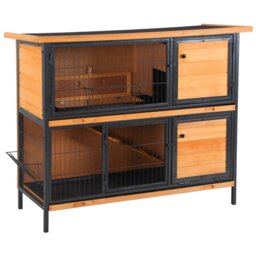 PawHut 2-Floor Wooden Guinea Pigs Hutches Bunny Cage Metal Frame Pet House with Slide-Out Tray Feeding Trough Ramp Lockable Door - Aosom UK - thumbnail 2