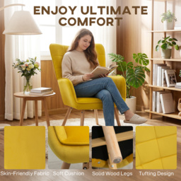 Modern Accent Chair HOMCOM Velvet-Touch Tufted Wingback Armchair Upholstered Leisure Lounge Sofa Club Chair with Wood Legs, Yellow - Aosom UK - thumbnail 4