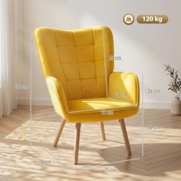 Modern Accent Chair HOMCOM Velvet-Touch Tufted Wingback Armchair Upholstered Leisure Lounge Sofa Club Chair with Wood Legs, Yellow - Aosom UK - thumbnail 3