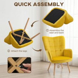 Modern Accent Chair HOMCOM Velvet-Touch Tufted Wingback Armchair Upholstered Leisure Lounge Sofa Club Chair with Wood Legs, Yellow - Aosom UK - thumbnail 6
