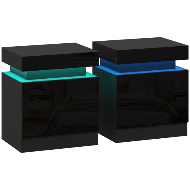 HOMCOM High Gloss Front Bedside Tables Set of 2, Nightstands with RGB LED Light and 2 Drawers, Chest of Drawers for Bedroom, Living Room, Black - image 1