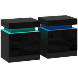 HOMCOM High Gloss Front Bedside Tables Set of 2, Nightstands with RGB LED Light and 2 Drawers, Chest of Drawers for Bedroom, Living Room, Black - thumbnail 1
