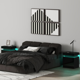 HOMCOM High Gloss Front Bedside Tables Set of 2, Nightstands with RGB LED Light and 2 Drawers, Chest of Drawers for Bedroom, Living Room, Black - thumbnail 2