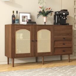 Country-Style Sideboard with Doors and Adjustable Shelves, Cabinet Ideal for Living Room and Hallway, 130L x 40W x 75.5H cm, Natural - Aosom UK - thumbnail 1