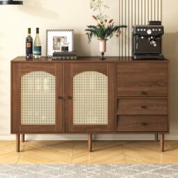 Country-Style Sideboard with Doors and Adjustable Shelves, Cabinet Ideal for Living Room and Hallway, 130L x 40W x 75.5H cm, Natural - Aosom UK - thumbnail 6