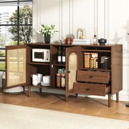 Country-Style Sideboard with Doors and Adjustable Shelves, Cabinet Ideal for Living Room and Hallway, 130L x 40W x 75.5H cm, Natural - Aosom UK - thumbnail 5