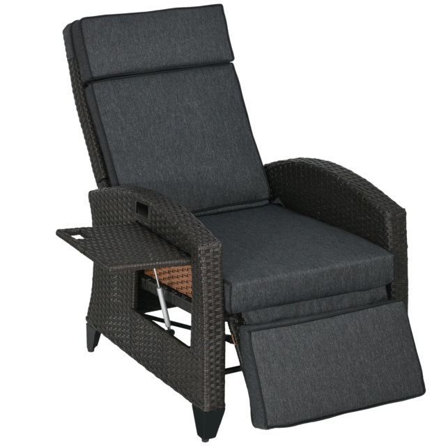 Outsunny Outdoor Rattan Recliner Chair with Adjustable Backrest and Footrest, Cushion, Side Tray, Grey - image 1