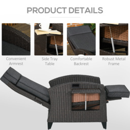 Outsunny Outdoor Rattan Recliner Chair with Adjustable Backrest and Footrest, Cushion, Side Tray, Grey - thumbnail 6