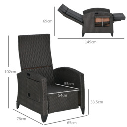 Outsunny Outdoor Rattan Recliner Chair with Adjustable Backrest and Footrest, Cushion, Side Tray, Grey - thumbnail 3