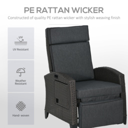 Outsunny Outdoor Rattan Recliner Chair with Adjustable Backrest and Footrest, Cushion, Side Tray, Grey - thumbnail 5