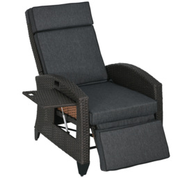 Outsunny Outdoor Rattan Recliner Chair with Adjustable Backrest and Footrest, Cushion, Side Tray, Grey - thumbnail 1