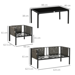 Outsunny 4 Piece Metal Garden Furniture Set with Tempered Glass Coffee Table, Patio Set Loveseat, Single Armchairs with Padded Cushions, Light Grey - thumbnail 3