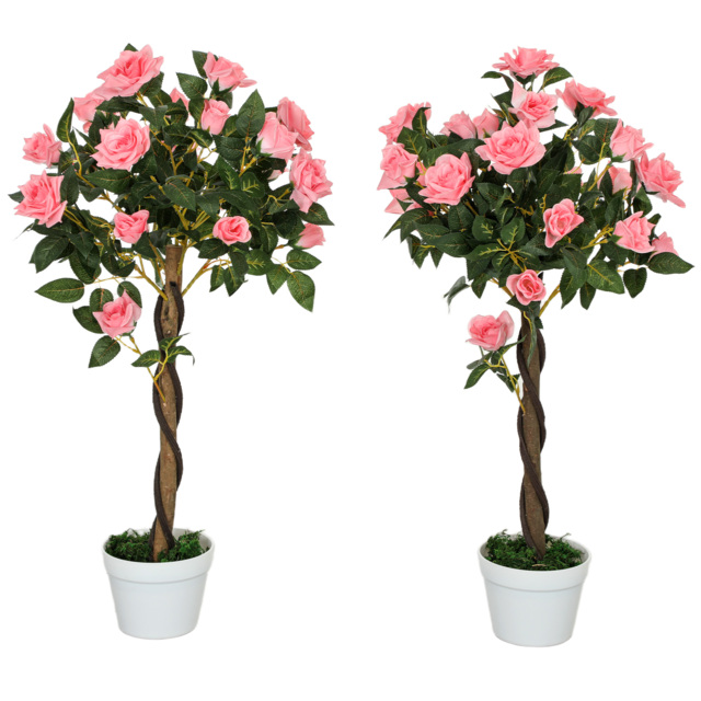 Outsunny Set of 2 Artificial Plants Pink Rose Floral in Pot, Fake Plants for Home Indoor Outdoor Decor, 90cm - image 1