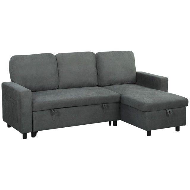 HOMCOM Pull Out Sofa Bed Linen-look Upholstery with Storage, 3 Seater Sofa Bed with Reversible Chaise and Side Pockets, Charcoal Grey - Aosom UK - image 1