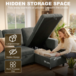 HOMCOM Pull Out Sofa Bed Linen-look Upholstery with Storage, 3 Seater Sofa Bed with Reversible Chaise and Side Pockets, Charcoal Grey - Aosom UK - thumbnail 5