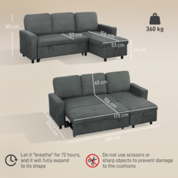 HOMCOM Pull Out Sofa Bed Linen-look Upholstery with Storage, 3 Seater Sofa Bed with Reversible Chaise and Side Pockets, Charcoal Grey - Aosom UK - thumbnail 3