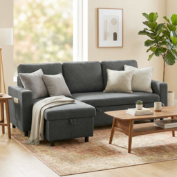 HOMCOM Pull Out Sofa Bed Linen-look Upholstery with Storage, 3 Seater Sofa Bed with Reversible Chaise and Side Pockets, Charcoal Grey - Aosom UK - thumbnail 2