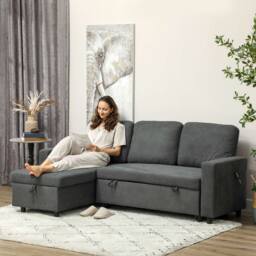 HOMCOM Pull Out Sofa Bed Linen-look Upholstery with Storage, 3 Seater Sofa Bed with Reversible Chaise and Side Pockets, Charcoal Grey - Aosom UK - thumbnail 8