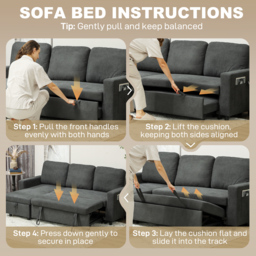 HOMCOM Pull Out Sofa Bed Linen-look Upholstery with Storage, 3 Seater Sofa Bed with Reversible Chaise and Side Pockets, Charcoal Grey - Aosom UK - thumbnail 6