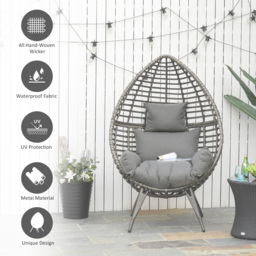 Outsunny Outdoor Indoor Rattan Egg Chair Wicker Weave Teardrop Chair with Cushion Grey - thumbnail 4