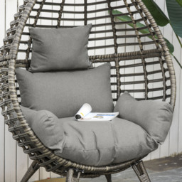 Outsunny Outdoor Indoor Rattan Egg Chair Wicker Weave Teardrop Chair with Cushion Grey - thumbnail 9