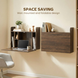 HOMCOM Wall Mounted Desk, Drop Leaf Floating Laptop Desk with Space Saving Storage Compartments for Home Office, Dark Brown - thumbnail 4