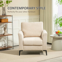 HOMCOM Modern Armchair, Linen Fabric Upholstered Accent Chair with Metal Legs, Wood Frame, Scratch-Resistant Treatment and Padded Cushion, Beige - Aosom UK - thumbnail 5