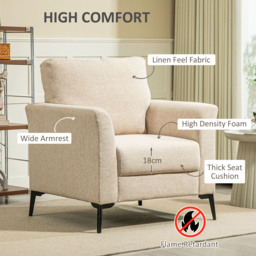 HOMCOM Modern Armchair, Linen Fabric Upholstered Accent Chair with Metal Legs, Wood Frame, Scratch-Resistant Treatment and Padded Cushion, Beige - Aosom UK - thumbnail 4