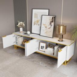 Modern TV Cabinet with 4 Geometric Embossed Doors and Open Top Shelf, Spacious TV Stand with Hidden Storage, 160L x 37.5W x 48H cm, White - Aosom UK - thumbnail 4