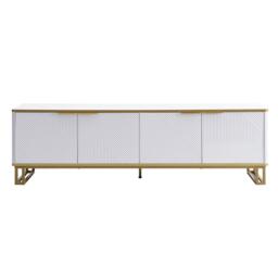 Modern TV Cabinet with 4 Geometric Embossed Doors and Open Top Shelf, Spacious TV Stand with Hidden Storage, 160L x 37.5W x 48H cm, White - Aosom UK - thumbnail 2
