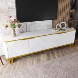 Modern TV Cabinet with 4 Geometric Embossed Doors and Open Top Shelf, Spacious TV Stand with Hidden Storage, 160L x 37.5W x 48H cm, White - Aosom UK - thumbnail 5