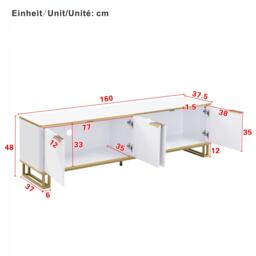 Modern TV Cabinet with 4 Geometric Embossed Doors and Open Top Shelf, Spacious TV Stand with Hidden Storage, 160L x 37.5W x 48H cm, White - Aosom UK - thumbnail 3