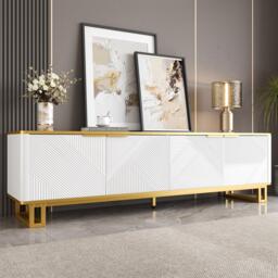 Modern TV Cabinet with 4 Geometric Embossed Doors and Open Top Shelf, Spacious TV Stand with Hidden Storage, 160L x 37.5W x 48H cm, White - Aosom UK