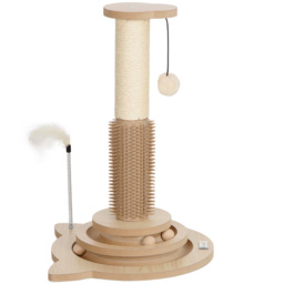 PawHut Scratching Post, 5 in 1 Cat Post with Sisal Post, Track Ball Toy, Self Grooming Brush, Hanging Toy Ball, Feather, Oak - Aosom UK - thumbnail 1