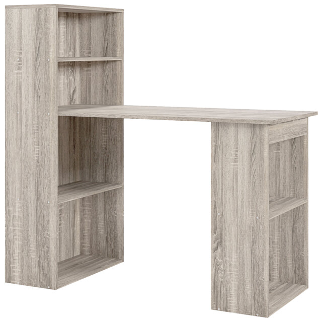 HOMCOM 120cm Modern Computer Desk Bookshelf Study Table Workstation PC Laptop Writing Home Office 6 Shelves, Grey Wood-Effect - image 1
