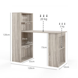 HOMCOM 120cm Modern Computer Desk Bookshelf Study Table Workstation PC Laptop Writing Home Office 6 Shelves, Grey Wood-Effect - thumbnail 3
