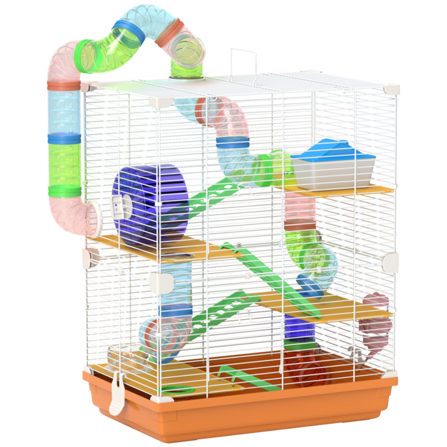 PawHut 5 Tier Hamster Cage Carrier Habitat w/ Exercise Wheels, Tunnel, Orange - Aosom UK - image 1