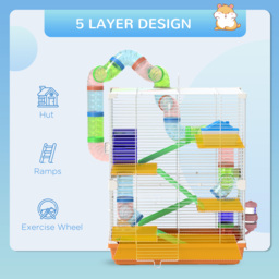 PawHut 5 Tier Hamster Cage Carrier Habitat w/ Exercise Wheels, Tunnel, Orange - Aosom UK - thumbnail 6