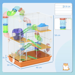 PawHut 5 Tier Hamster Cage Carrier Habitat w/ Exercise Wheels, Tunnel, Orange - Aosom UK - thumbnail 3
