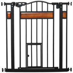 PawHut Dog Gate w/ Cat Door Pet Safety Gate, Auto Close Double Locking Pine Wood Decoration, for Doorways Stairs Indoor, 74-80 cm, Black - Aosom UK