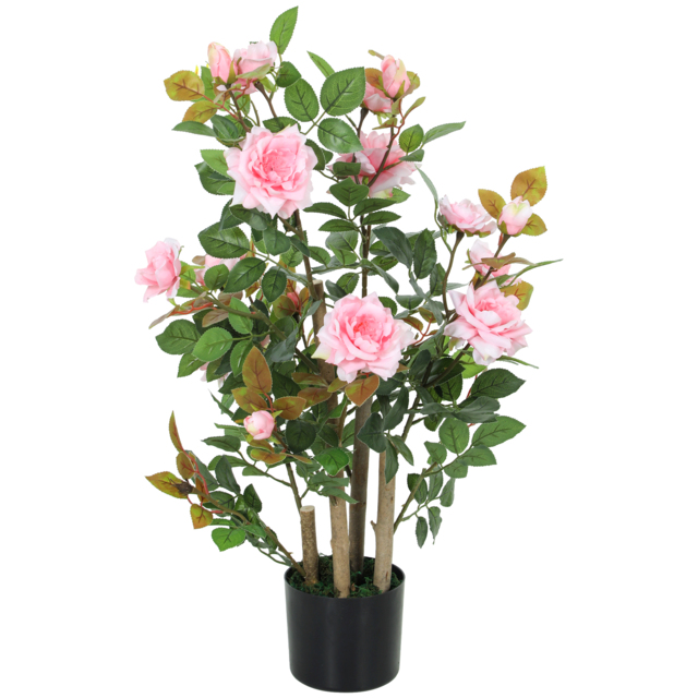HOMCOM 90cm Artificial Rose Tree, Decorative Fake Plant with 344 Silk Leaves 17 Flowers for Outdoor Indoor Decor, Pink - image 1
