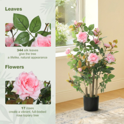 HOMCOM 90cm Artificial Rose Tree, Decorative Fake Plant with 344 Silk Leaves 17 Flowers for Outdoor Indoor Decor, Pink - thumbnail 4