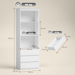 HOMCOM 180cm Tall Bookcase, with Shelves and Drawers - White - Aosom UK - thumbnail 3