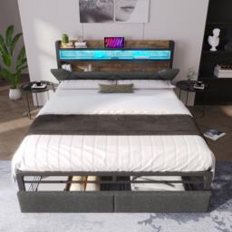 Upholstered Double Bed with Smart LED Lighting, USB Type-C Charging, Bed Frame with Storage Headboard, Drawers, 208L x 137W x 110H cm, Grey - Aosom UK - thumbnail 1