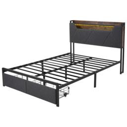 Upholstered Double Bed with Smart LED Lighting, USB Type-C Charging, Bed Frame with Storage Headboard, Drawers, 208L x 137W x 110H cm, Grey - Aosom UK - thumbnail 2
