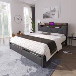 Upholstered Double Bed with Smart LED Lighting, USB Type-C Charging, Bed Frame with Storage Headboard, Drawers, 208L x 137W x 110H cm, Grey - Aosom UK - thumbnail 7