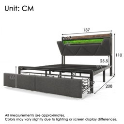 Upholstered Double Bed with Smart LED Lighting, USB Type-C Charging, Bed Frame with Storage Headboard, Drawers, 208L x 137W x 110H cm, Grey - Aosom UK - thumbnail 3