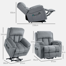HOMCOM Power Lift Riser and Recliner Chair with Vibration Massage, Heat, Side Pocket, Grey - Aosom UK - thumbnail 3