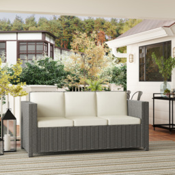 Outsunny 3 Seater Rattan Sofa All-Weather Wicker Weave Metal Frame Chair with Fire Resistant Cushio-Cream - thumbnail 9